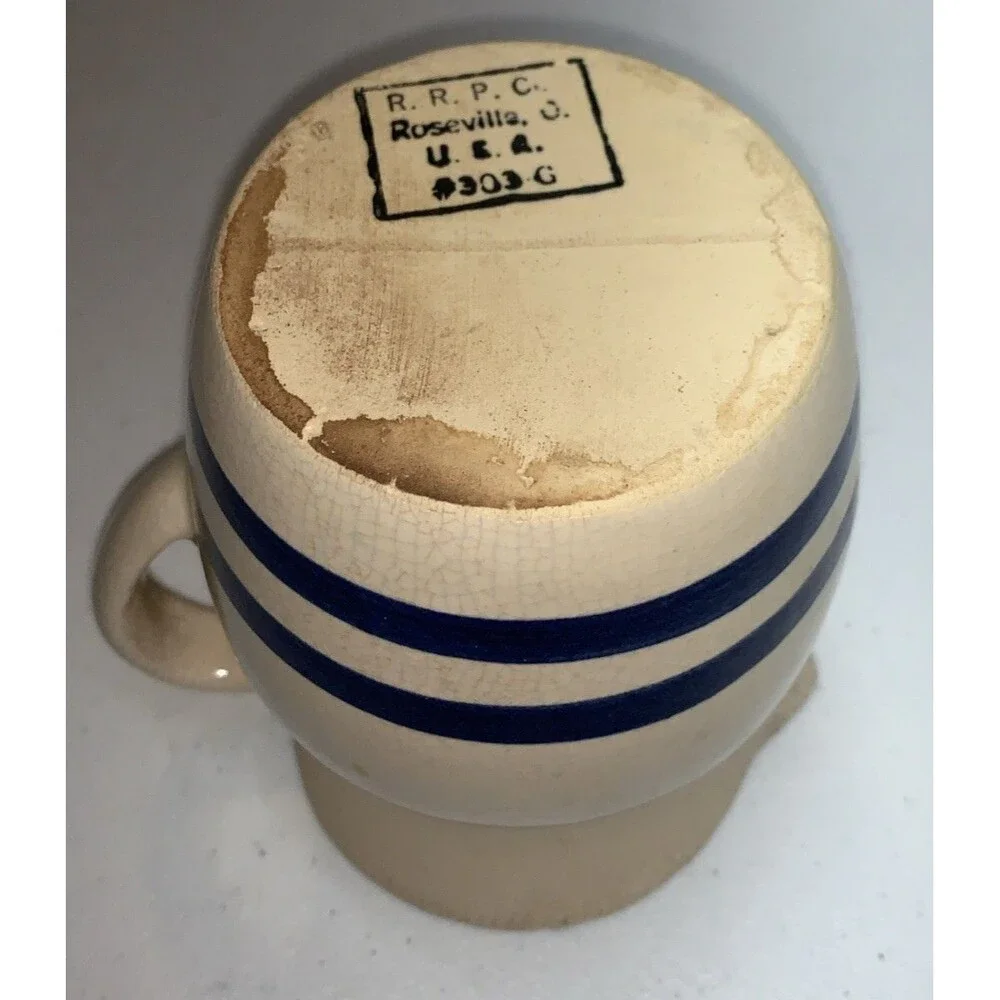 Vintage Antique R.R.P.C. RRP ROSEVILLE POTTERY Blue Stripes Pitcher Creamer